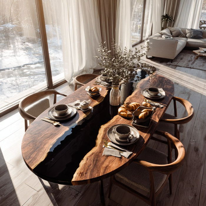 Wooden dining table with black resin finish in a modern living room.