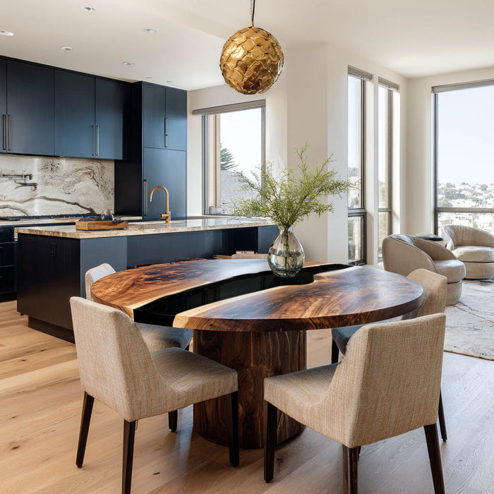 Modern kitchen with wooden dining table and chairs, large windows, and a stylish pendant light.