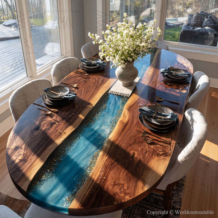 solid walnut wood epoxy dinning table for modern home in los angeles
