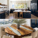 Top: Modern kitchen with blue cabinets and white countertops. Bottom: Round wooden dining table with chairs.