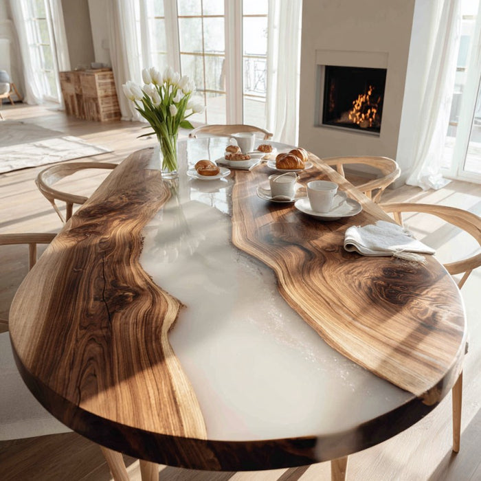 Wooden dining table with white resin inlay in a bright room with natural light.