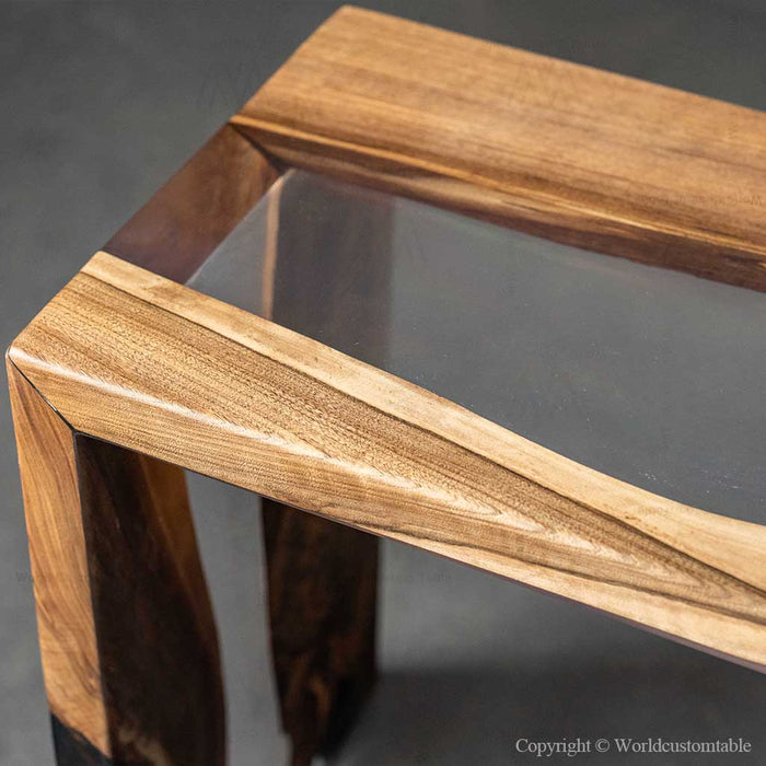 Modern waterfall console table displayed in hallway interior styling