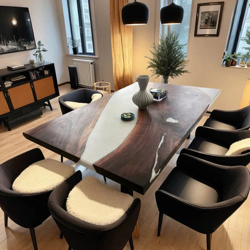 Modern white epoxy dining table with sleek design, ideal for minimalist home interiors.