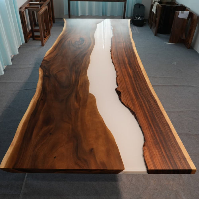 Modern white epoxy walnut dining table for contemporary interiors