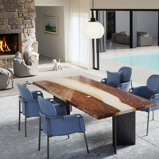 Modern white resin tabletop with natural black walnut wood base dining table, perfect for upscale home dining rooms and commercial restaurants.