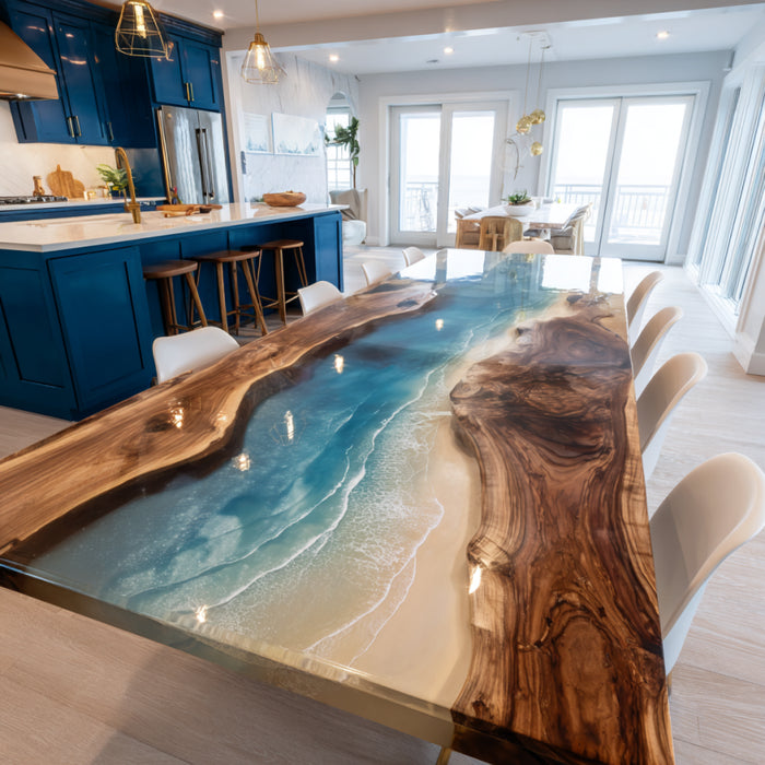 Modern kitchen with a unique wooden dining table featuring a beachscape design.