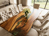 Live edge walnut green river table with natural wood slab and epoxy resin center