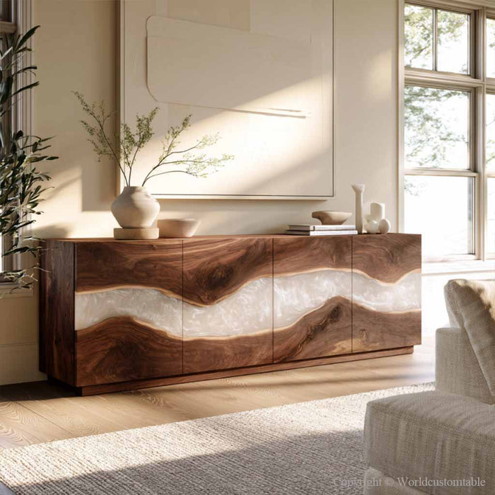 Black walnut cabinet with pearl white epoxy resin finish for modern home interiors