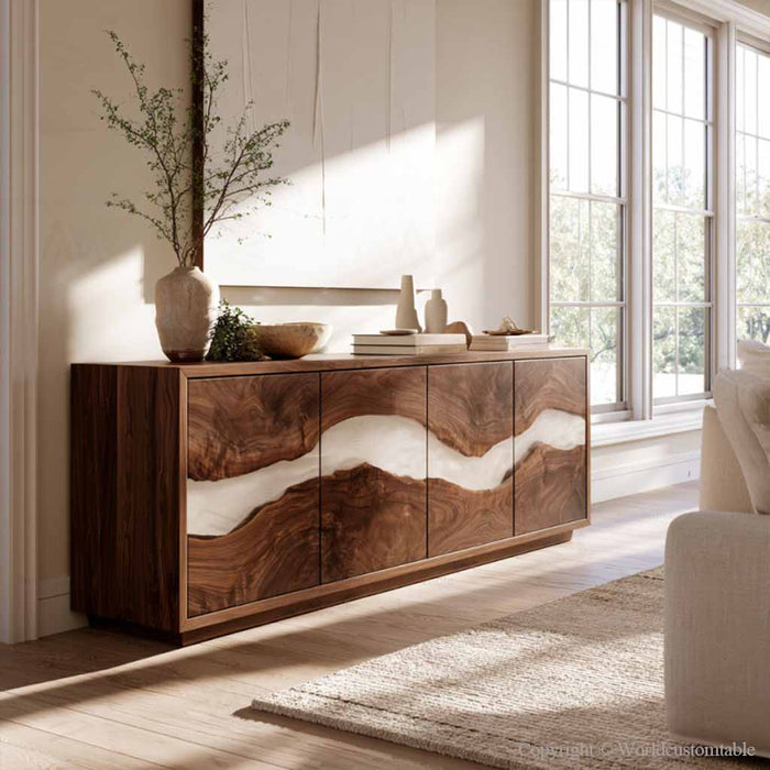 Custom black walnut resin cabinet featuring natural wood grain and white resin details
