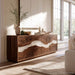 Custom black walnut resin cabinet featuring natural wood grain and white resin details