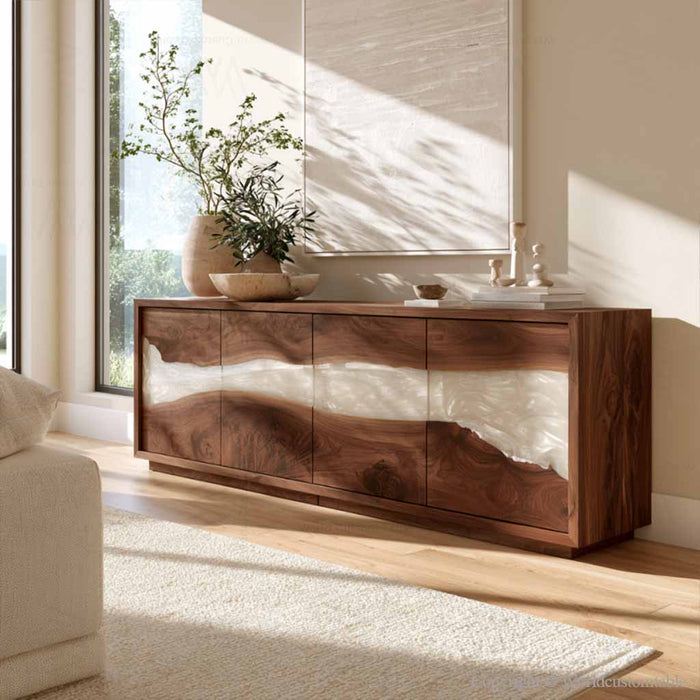 Handmade wood epoxy cabinet crafted with premium walnut and pearl resin