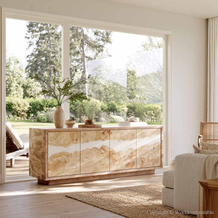 Modern epoxy cabinet used as stylish living room storage furniture