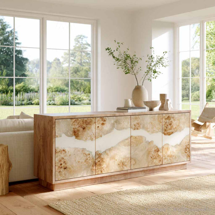 Custom white resin epoxy cabinet showcasing natural poplar wood grain