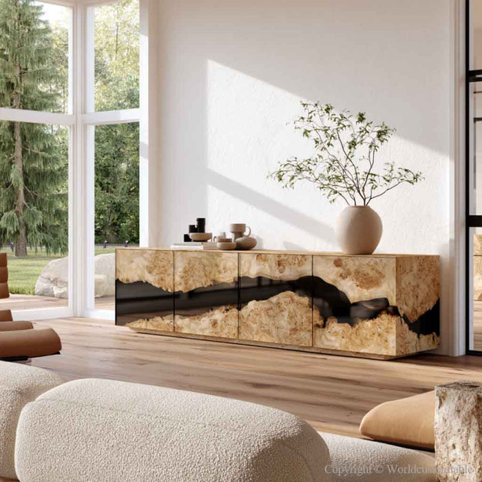 Custom black resin epoxy cabinet showcasing poplar wood natural texture