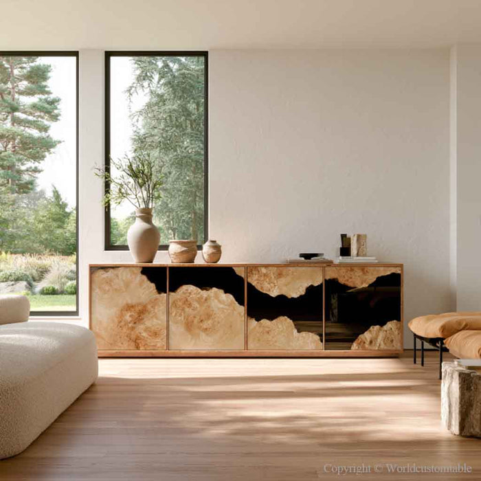 Handcrafted poplar wood cabinet with black epoxy resin artistic details
