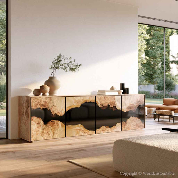 Poplar wood epoxy cabinet with black resin finish and modern storage design