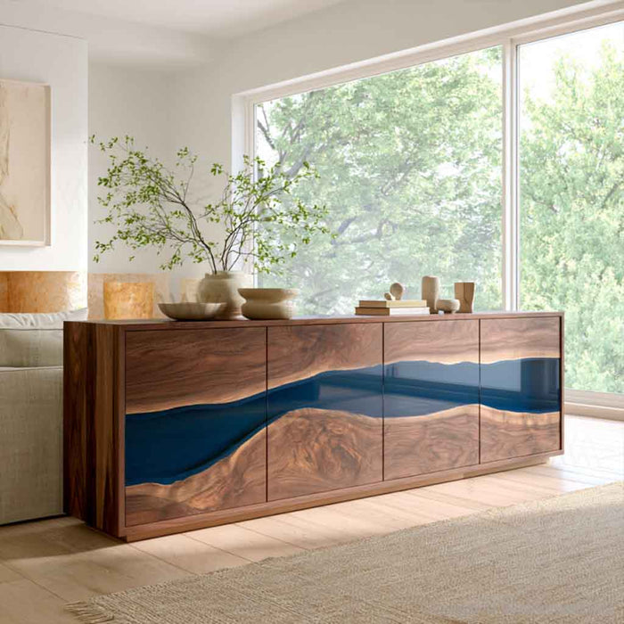 Black walnut cabinet with blue epoxy resin river design for modern home storage