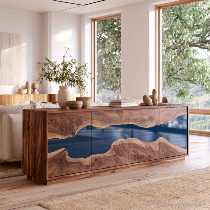 Custom blue resin cabinet with natural walnut wood grain finish