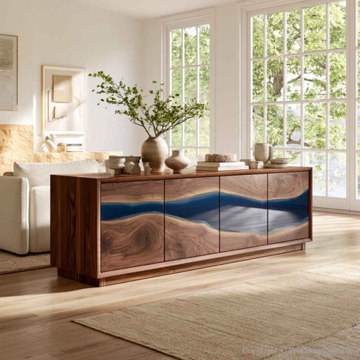 Handmade epoxy cabinet featuring black walnut wood and blue resin details