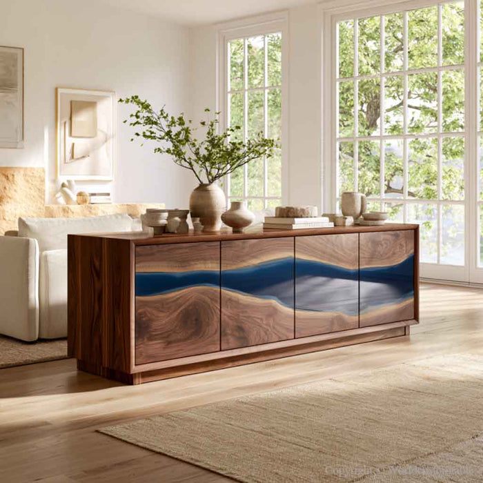 Handmade epoxy cabinet featuring black walnut wood and blue resin details