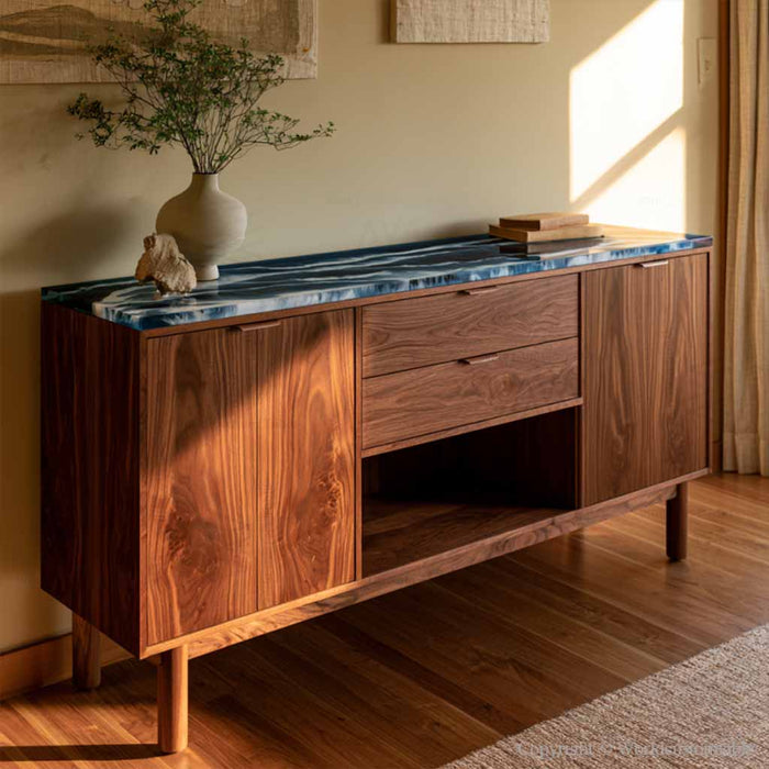 Coastal style buffet cabinet with walnut wood and ocean epoxy art