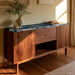 Coastal style buffet cabinet with walnut wood and ocean epoxy art