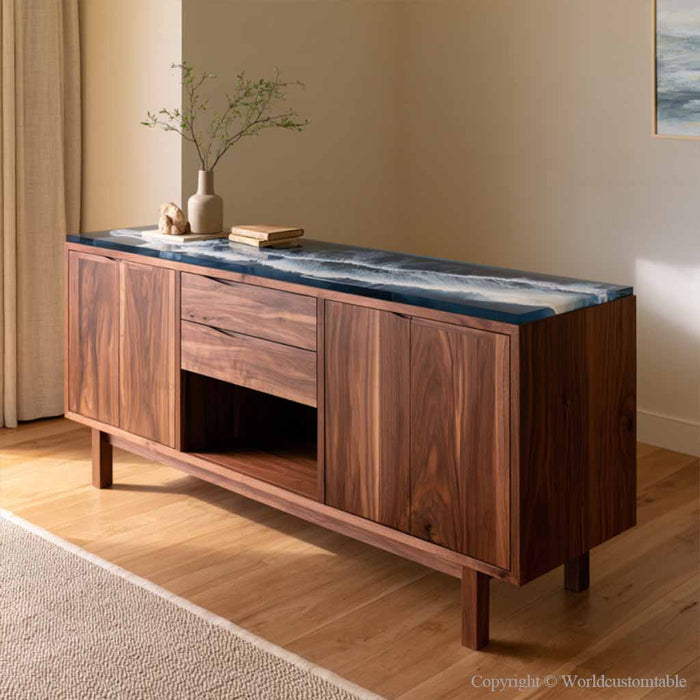 Handmade walnut sideboard cabinet featuring blue ocean resin surface