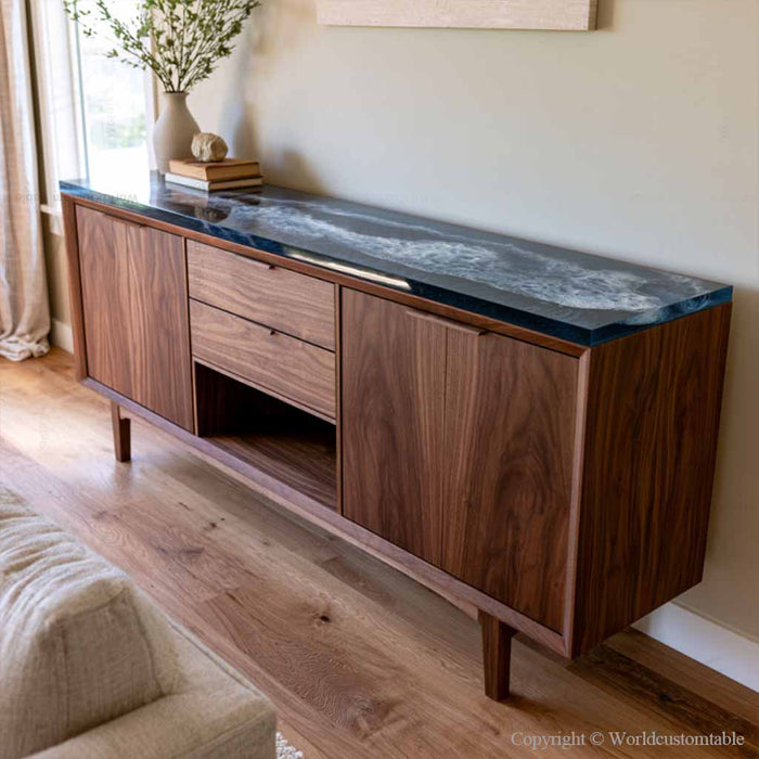 Luxury wood buffet storage cabinet with custom epoxy resin tabletop
