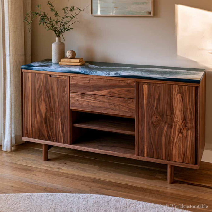 Walnut epoxy buffet cabinet with ocean wave resin tabletop for dining room storage