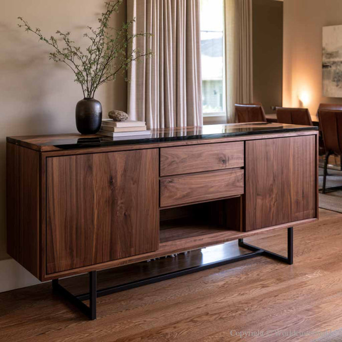 Black resin river buffet cabinet showcasing custom wood and epoxy craftsmanship