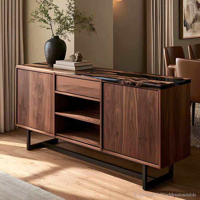 Black walnut epoxy buffet cabinet with black resin tabletop for dining room storage
