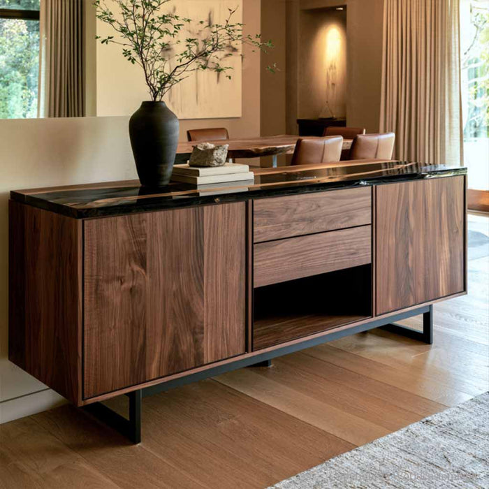 Contemporary entryway console cabinet with black walnut wood and black epoxy finish
