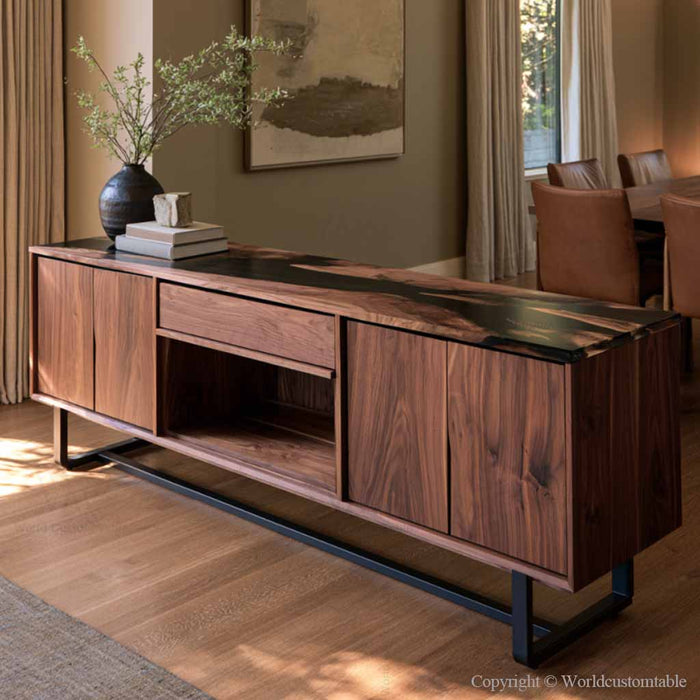 Handcrafted epoxy resin storage cabinet with black walnut construction and artistic tabletop