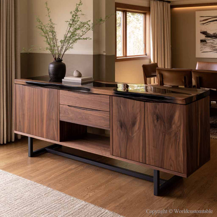 Luxury dining room sideboard cabinet made with black walnut wood and resin top