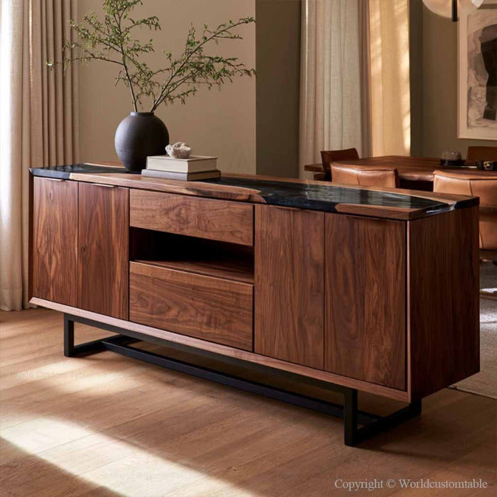 Modern wood buffet cabinet featuring natural black walnut grain and black epoxy resin surface