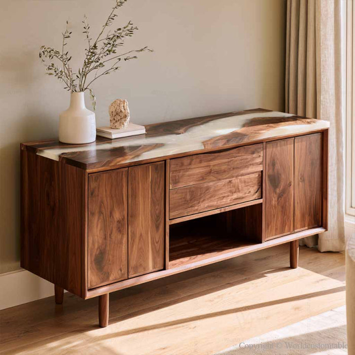 Black walnut epoxy buffet cabinet with white resin tabletop for modern dining room decor