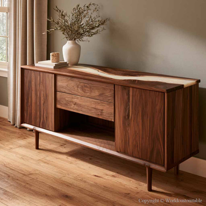 Contemporary entryway buffet cabinet with black walnut wood and white resin tabletop