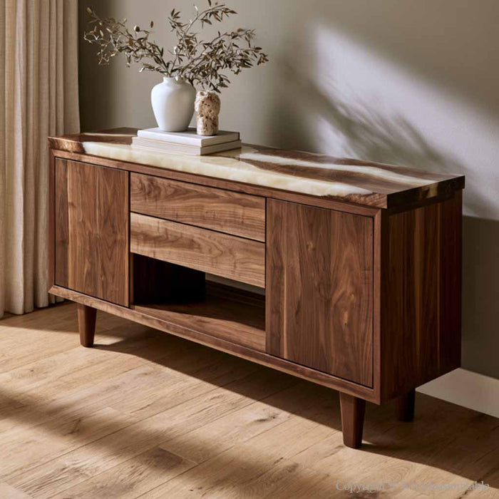Handcrafted epoxy resin sideboard combining natural walnut wood and artistic white resin design