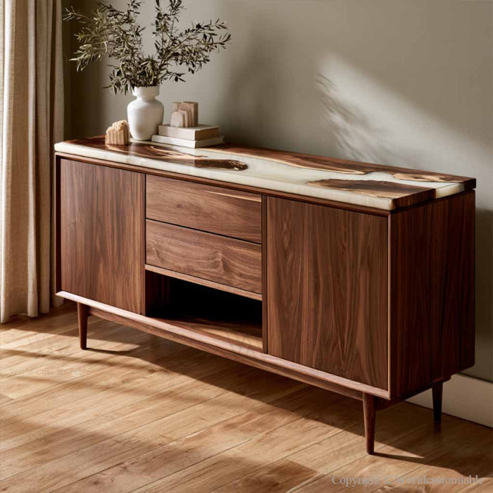 Luxury wood buffet storage cabinet made from black walnut with elegant epoxy resin top