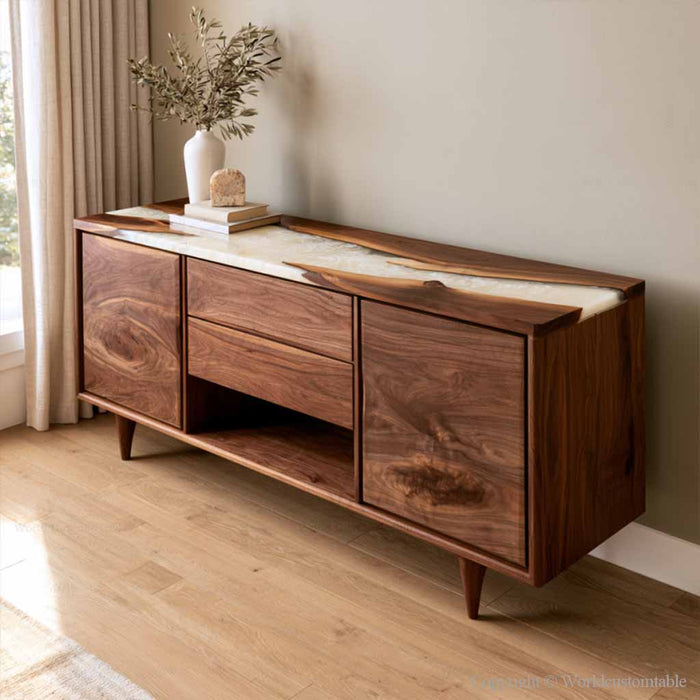 Modern dining room console cabinet with black walnut body and white epoxy resin surface