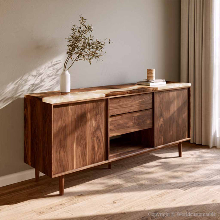 White resin walnut sideboard cabinet featuring handcrafted wood craftsmanship and storage space