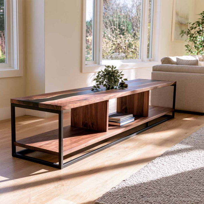 Black epoxy cabinet tabletop featuring natural black walnut grain and dark resin