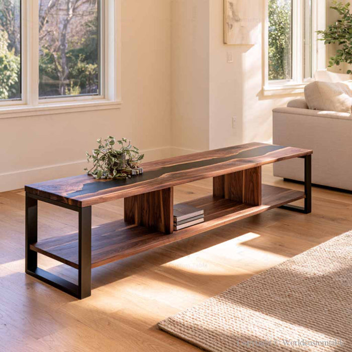 Black walnut epoxy cabinet with black resin tabletop and solid wood shelves