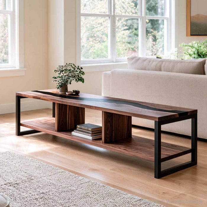 Black walnut epoxy cabinet beside a living room sofa for stylish storage and display