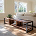 Modern epoxy cabinet with black resin and natural wood shelves styled with home décor