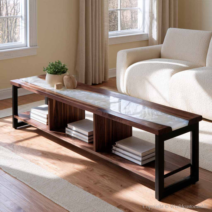 Black walnut epoxy cabinet with pearl white resin tabletop and solid wood shelves
