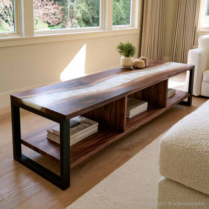 Handcrafted black walnut epoxy storage cabinet with pearl white resin top and multiple wooden shelves