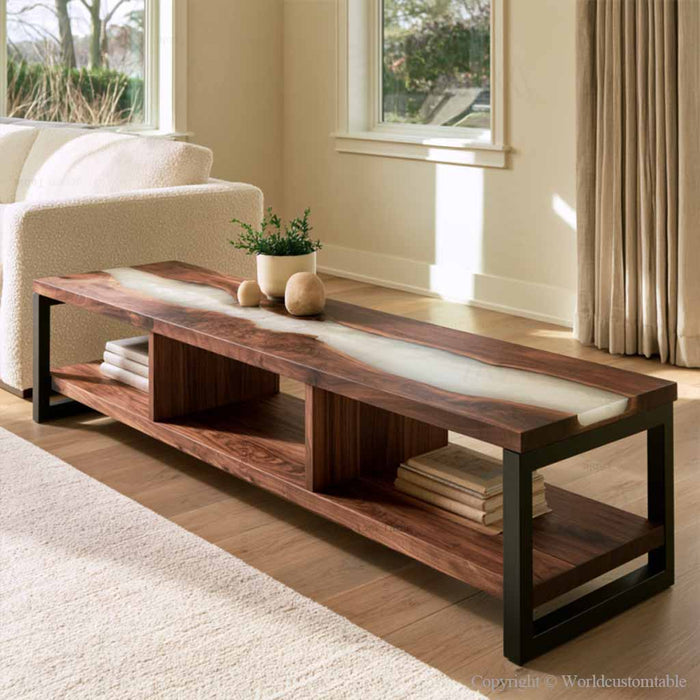 Modern epoxy cabinet with pearl white resin and dark walnut wood for elegant home décor