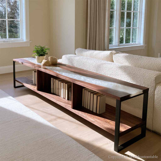 Pearl white epoxy resin tabletop combined with natural black walnut wood grain