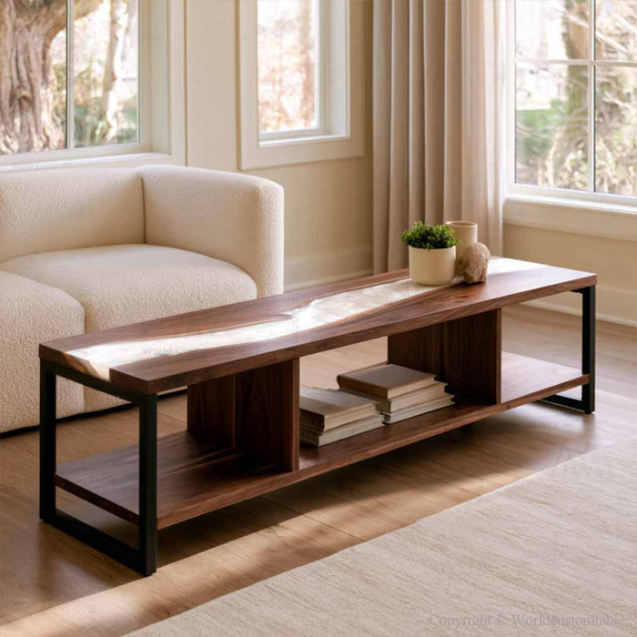 Epoxy cabinet with two solid wood middle shelves and a sturdy wooden bottom shelf